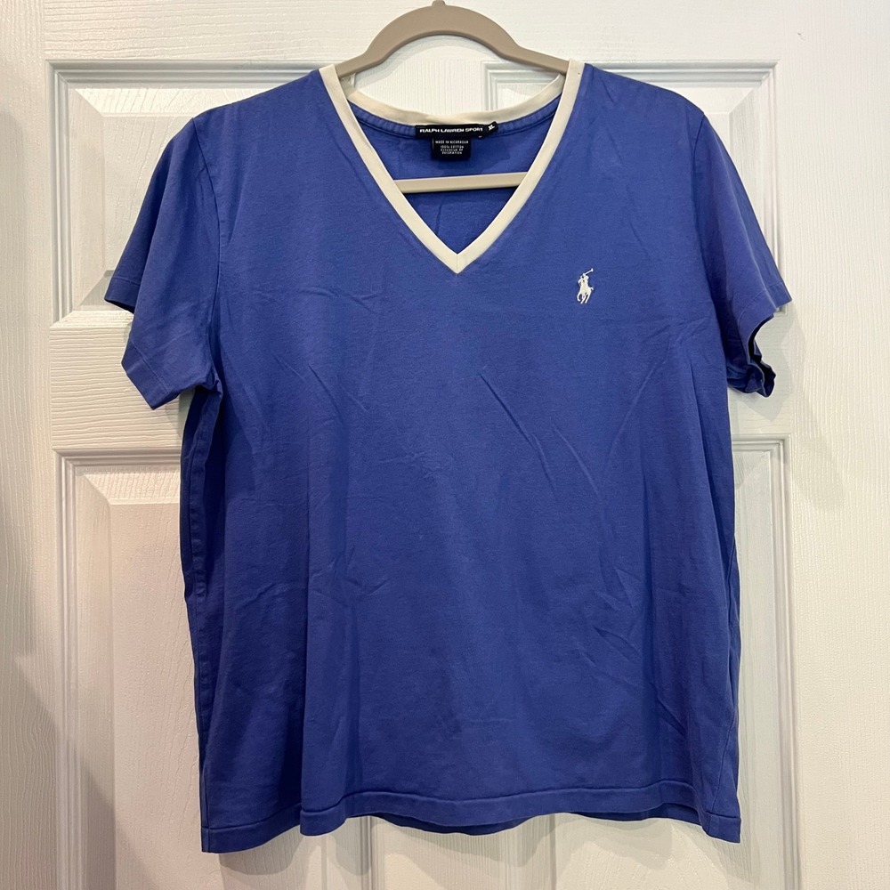Ralph Lauren Sport T-Shirt Cotton Jersey Blue White V-Neck Preppy Athleisure XL